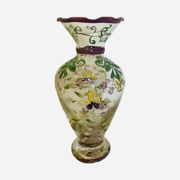 Tracy Porter Hand-Painted Bud Vase Purple Yellow Flowers Ruffled Edge 6.5” Glass - Picture 5 of 8